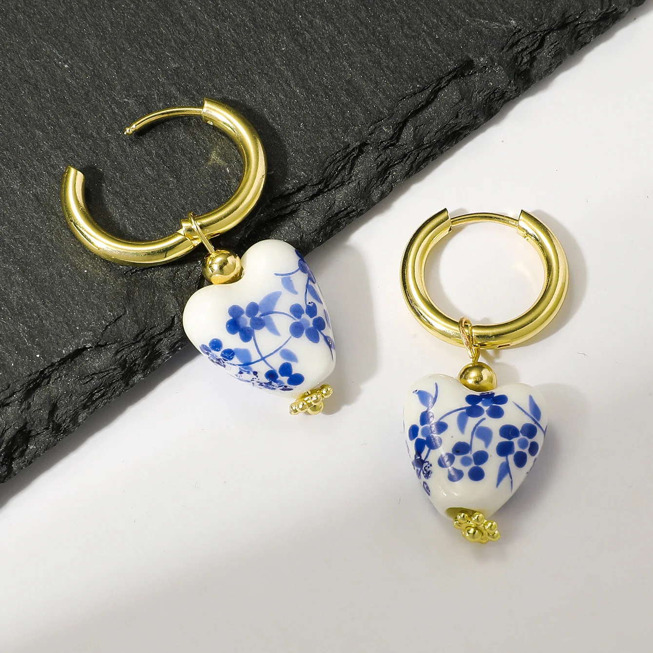 Retro Chinese Style Ceramic Love Earrings Stainless Steel Blue Print Flower Porcelain Earrings Party Vintage Jewelry