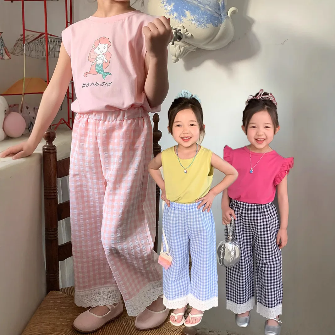 Toddler Girls Plaid Wide Leg Pants Spring Summer Lightweight Colorful 9/10 Length Anti-Mosquito Bug Repellent Chic