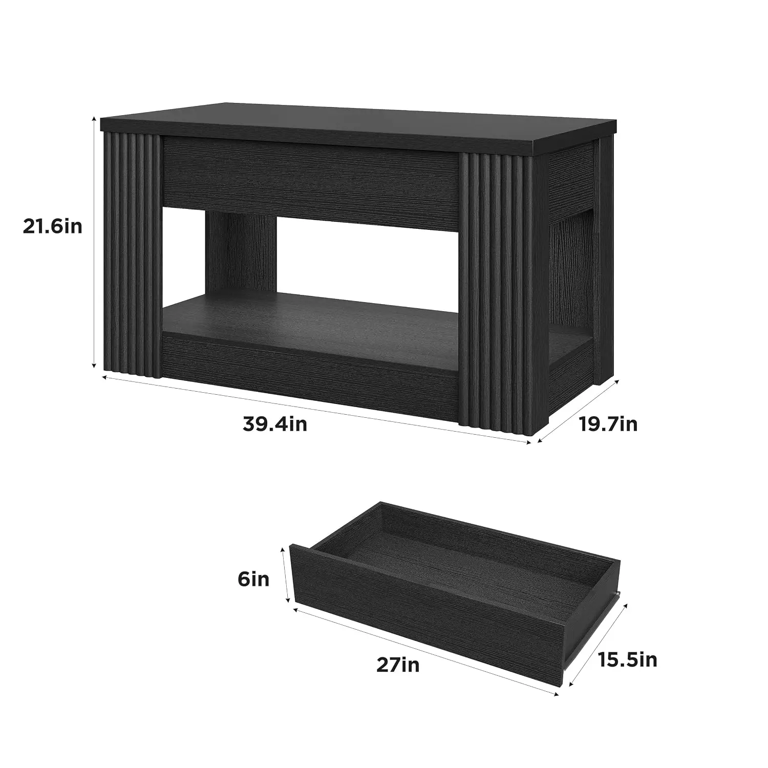 Fluted Wood Coffee Table With Drawer & Open Shelf, Rectangular Center Table For Small Space Living Room, Black, Customized