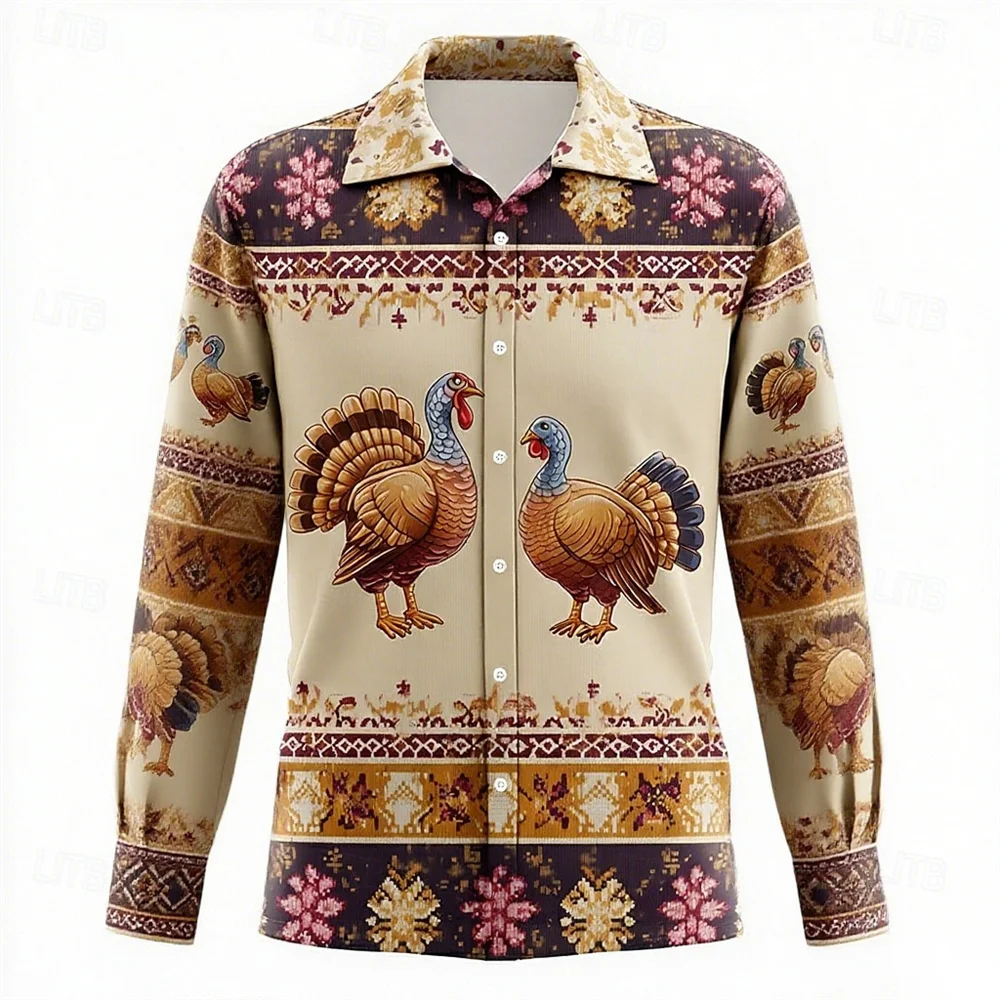 Men's Women's Bird Pattern Long Sleeve Shirts Fashion Cool Vintage Style Button Lapel Shirt Loose Comfortable Christmas Clothing
