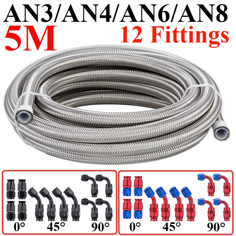 5M AN3 AN4 AN6 AN8 E85 Stainless Steel PTFE Fuel Hose Oil Gas Cooler Line Pipe Tube 4x0° 4x45° 4x90° Swivel Hose End Fittings