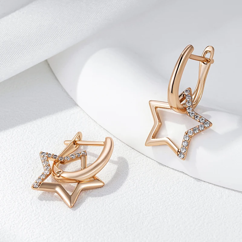 Kinel Hot Fashion Glossy 585 Gold Color Star Dangle Earrings For Women Paved Natural Zircon Accessories Daily Fine Jewelry