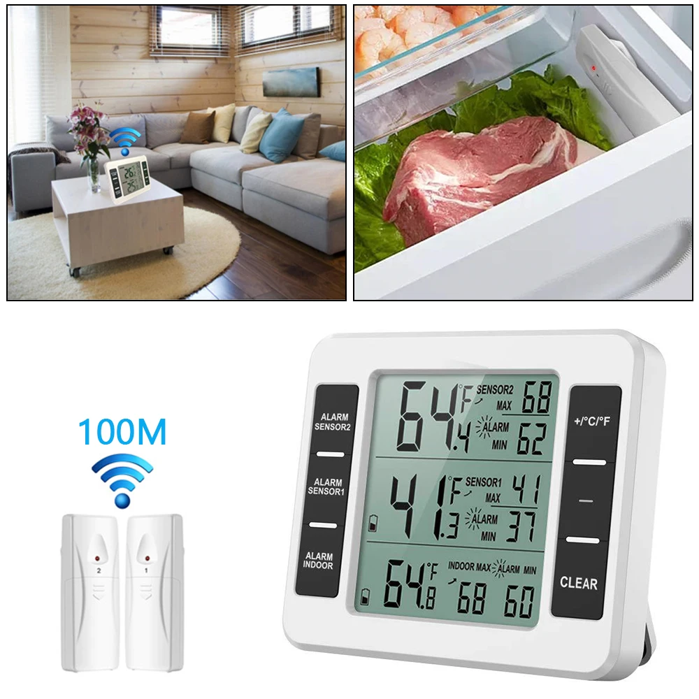 Indoor Outdoor +2 Sensor Temperature Meter with Audible Alarm Wireless Thermometer for Kitchen, Freezer, Garden
