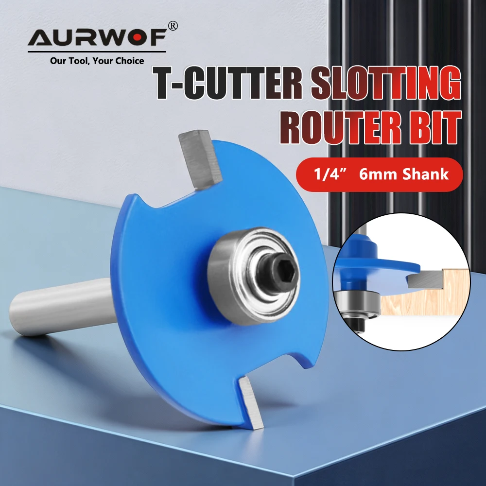 AURWOF 1pc Bearing Guided T-Slot Router Bits 1/4