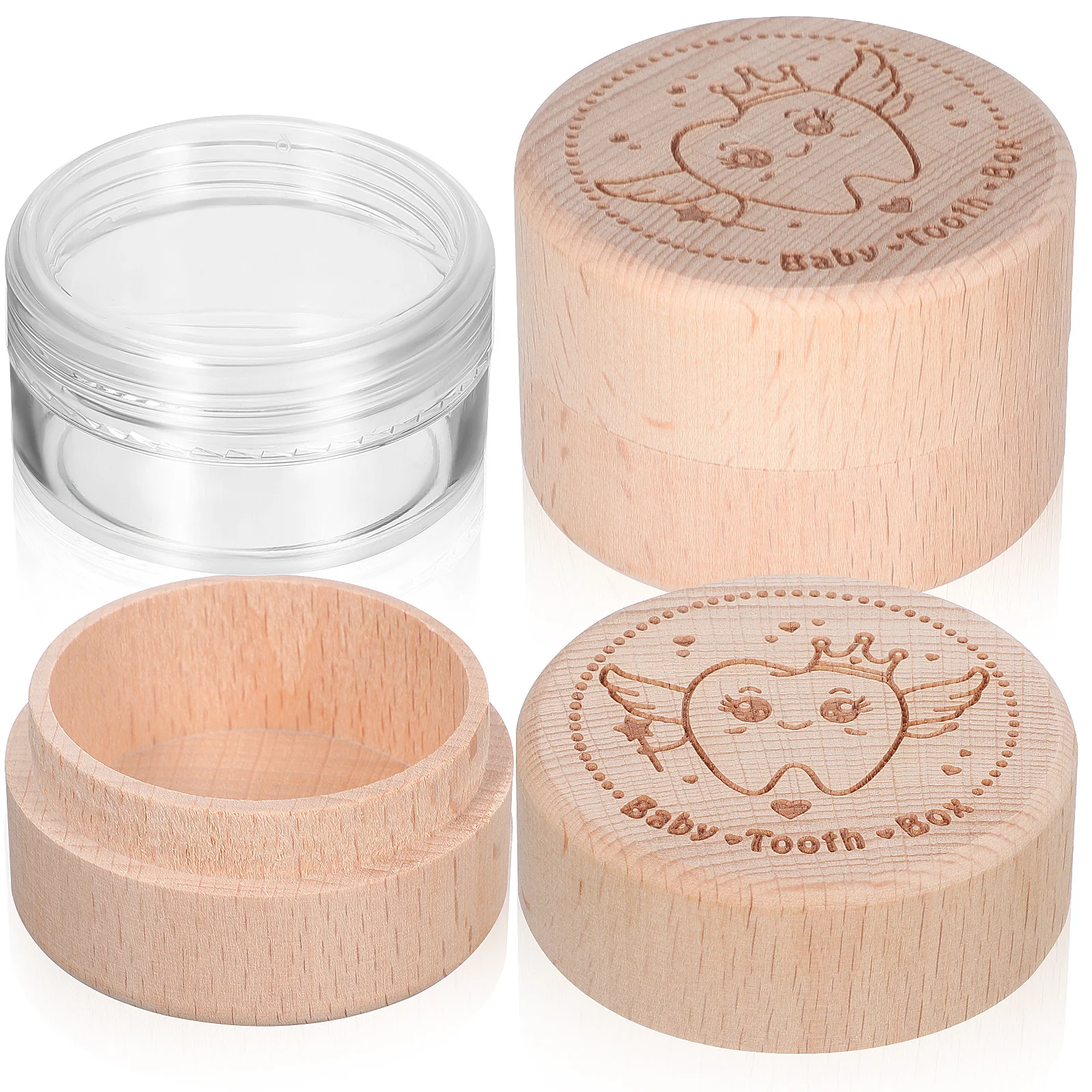 

4Pcs Round Storage Box Wooden Tooth Box Baby Keepsake Container Decorative Jewelry Trinket Organizer Round Storage Container