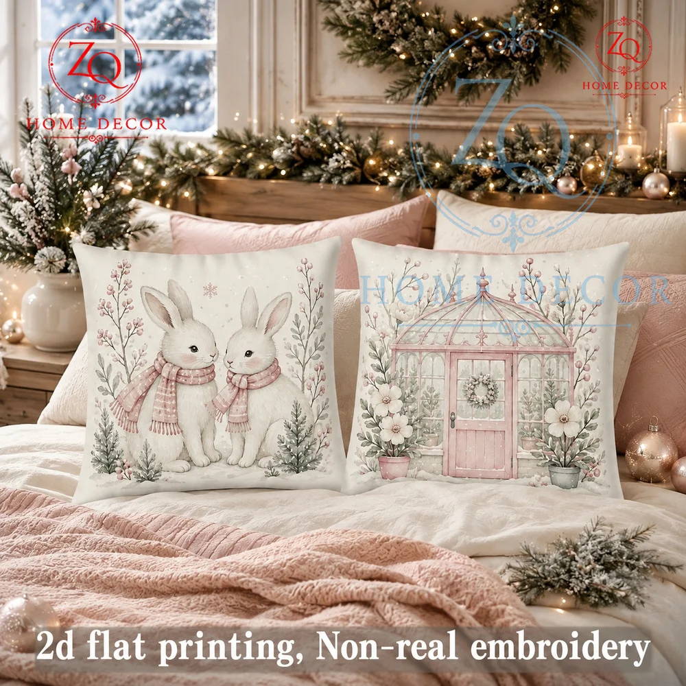 Christmas Cozy Couple Bunny Throw Pillow Cover Vintage Pink Winter Farmhouse Decor Cushion Case  Holiday Home Decoration