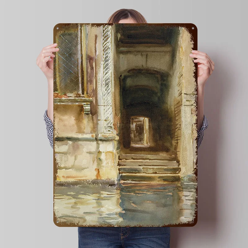 Venetian Canal Entrance Watercolor Metal Poster Customized Wall Art Retro Vintage Metal Signs for Man Cave Room Accessories Home
