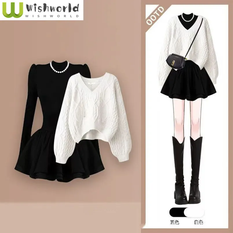 Frühling und Herbst Neue Koreanische Version Einfache und Vielseitige V-ausschnitt Pullover Schlankheits Kleid Zwei-stück Set