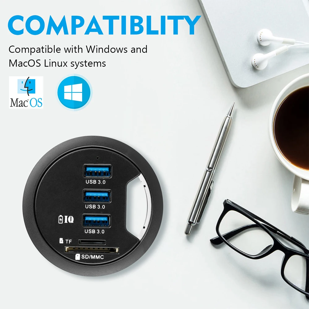 USB HUB Mount In Desk Multi USB 3.0 Ports SD/TF Headphone/Mircophone Type C Port  With Power Adapter 5V 2A  Hub Usb 3 0