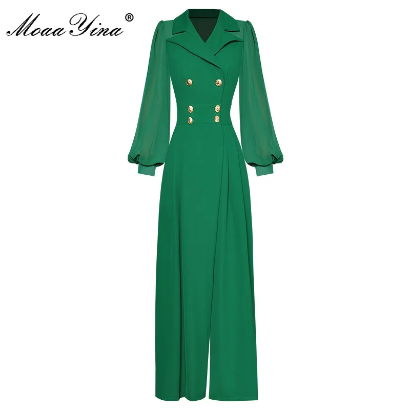

MoaaYina Fashion Designer Spring Pink Jumpsuit Women Turn-down Collar Lantern Sleeve Double-breasted Wide leg trousers Bodysuit