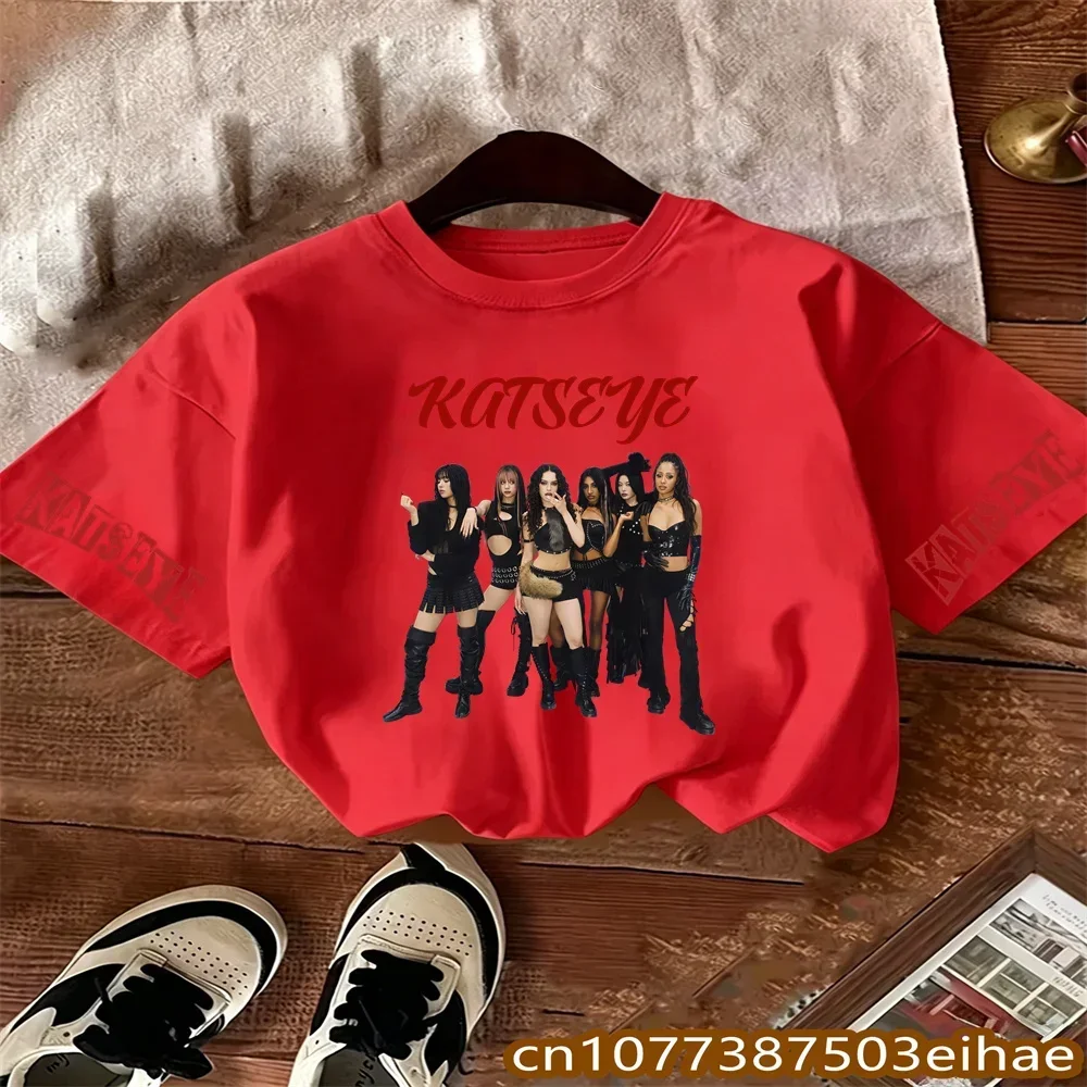 Kpop Fan Collection Wear KATSEYE Character Print Pure Cotton Kids Short Sleeve Shirt Retro Y2K Fan Exclusive Summer