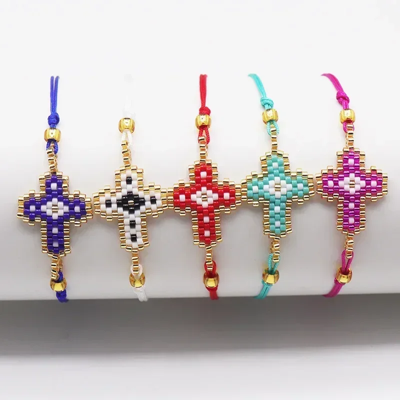 ZGMXR Bohemia Cross Design Eye Geometry Rice Bead Bracelet for Women Adjustable Hand Knitting Fashion Simple Jewelry Accessory