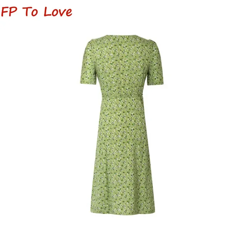 V Neck Button Embellished Tea Floral Dress Wrap Dress Summer Vintage Waist Tie Midi Dresses