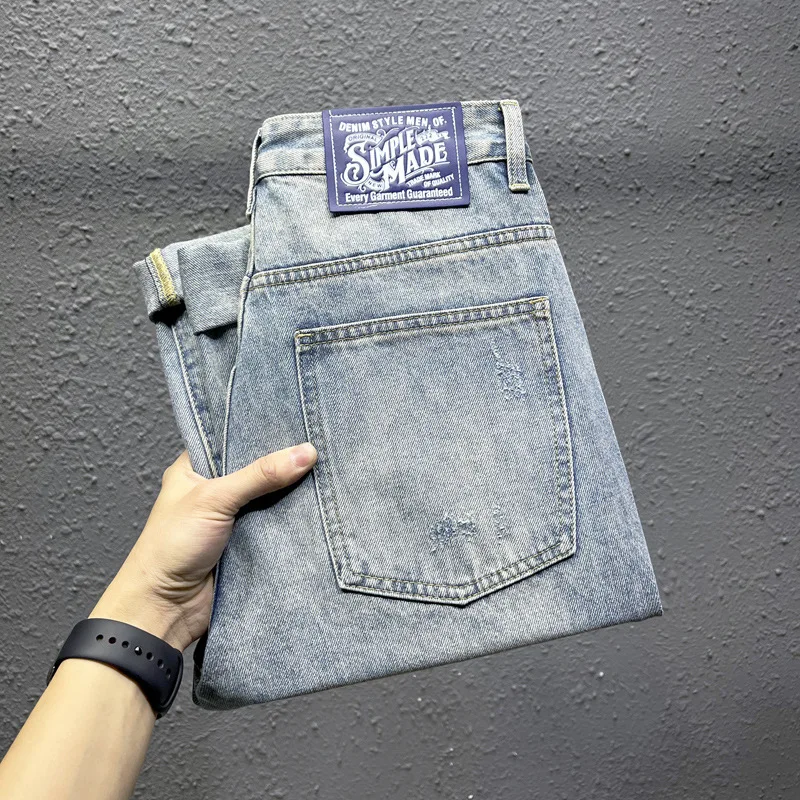 2024 New Ripped Trendy Cropped Pants Men's Spring and Summer Street Tide Brand Washed-out Vintage Distressed Blue Jeans