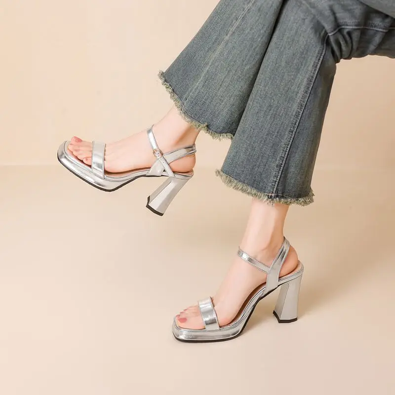 موضة يؤرخ أحذية للنساء ساحة تو حذاء بكعب سميك 9 سنتيمتر منصة 2 سنتيمتر مشبك حزام مثير الإناث الصنادل 43 44 45 46 #3