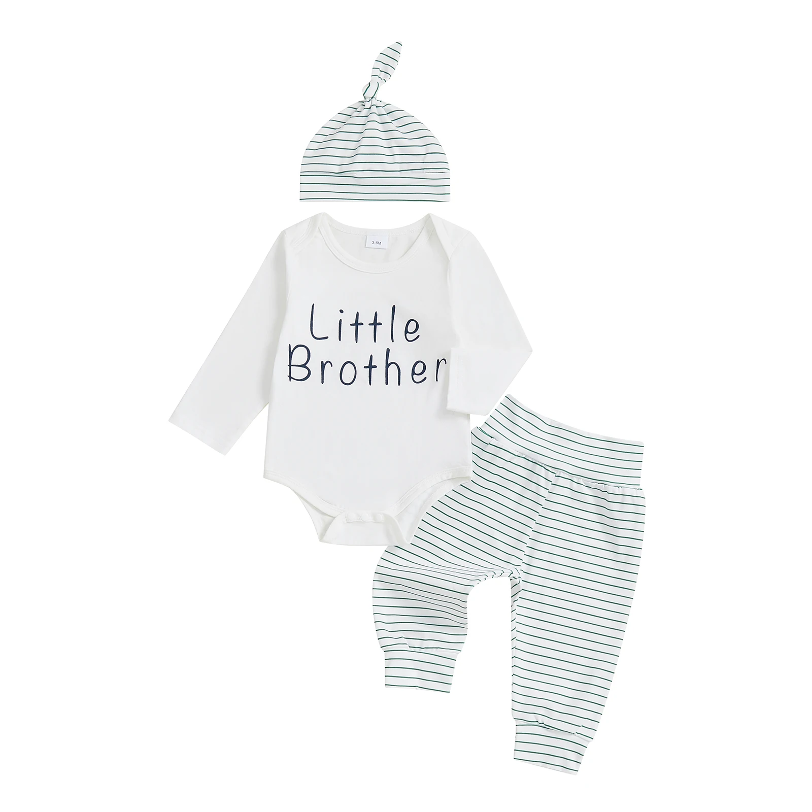 

Infant Boy Autumn Apparel Set Letter Print Jumpsuit Striped Trousers and Beanie 3-Piece Ensemble for Fall