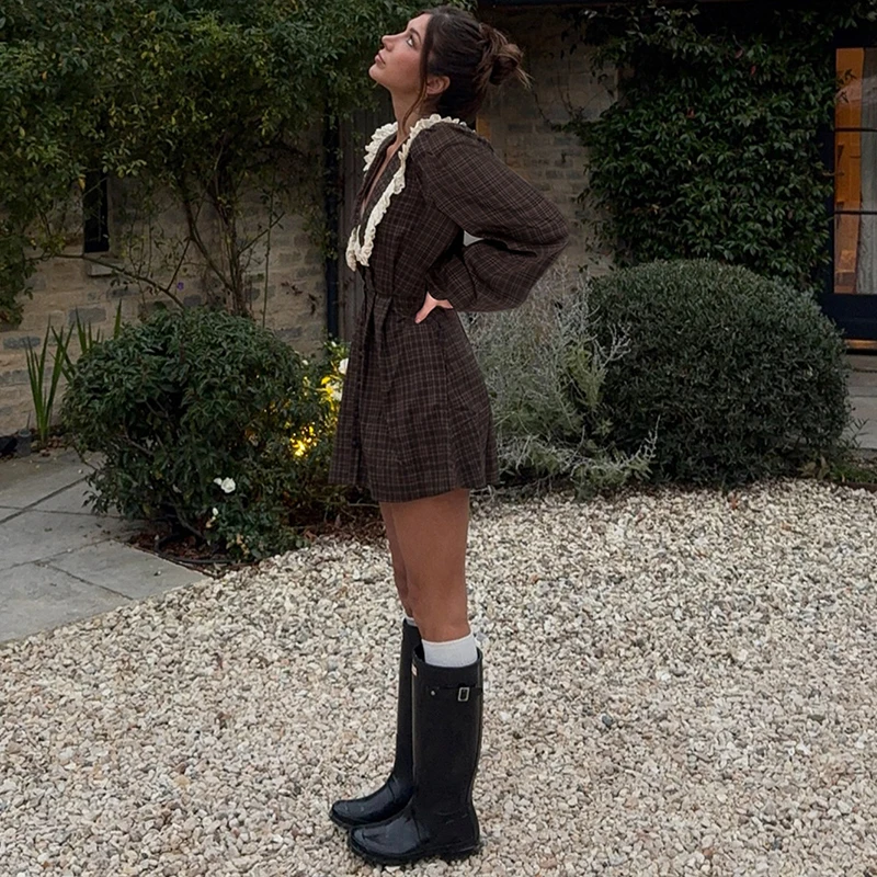 Women's Casual Plaid Mini Dress with Lace Detail - 2026 Collection