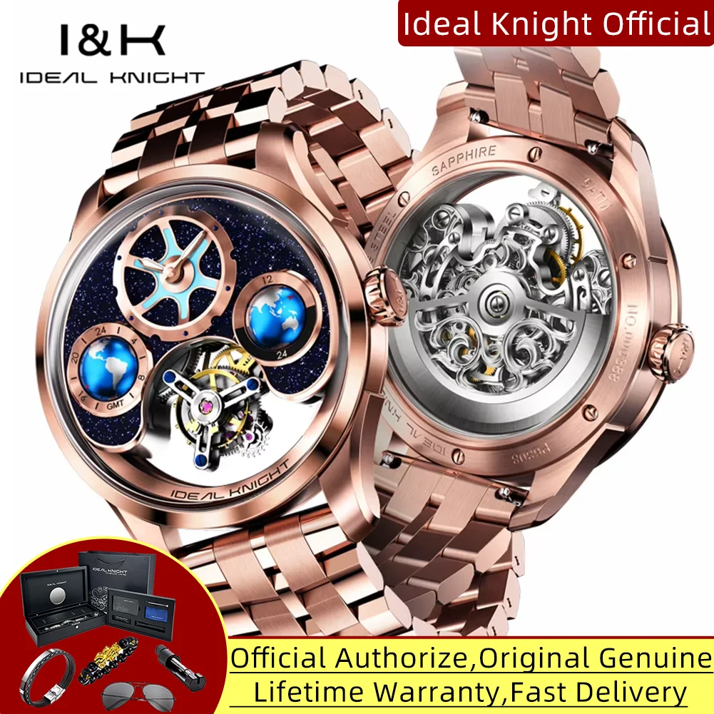 

IDEAL KNIGHT 6808, автоматические механические часы с настоящим турбийоном для мужчин, GMT, настройка нескольких временных зон, элитные мужские наручные часы