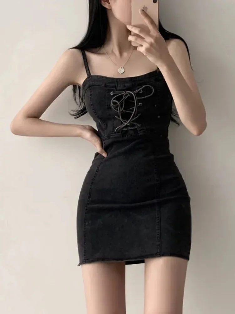 Retro Cross Strap Design Abnehmen Denim ter Dr frauen Chic Sommer Vintage Taille Cinched Dr Trendy Fem Kleidungsstück