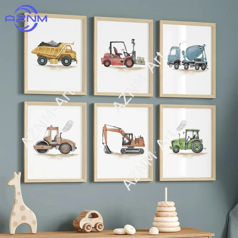 1PC/6pcs Nordic Modern Cartoon Car Engineering Vehicle Excavator Children's Room Baby Bedroom Home Decoration Poster
