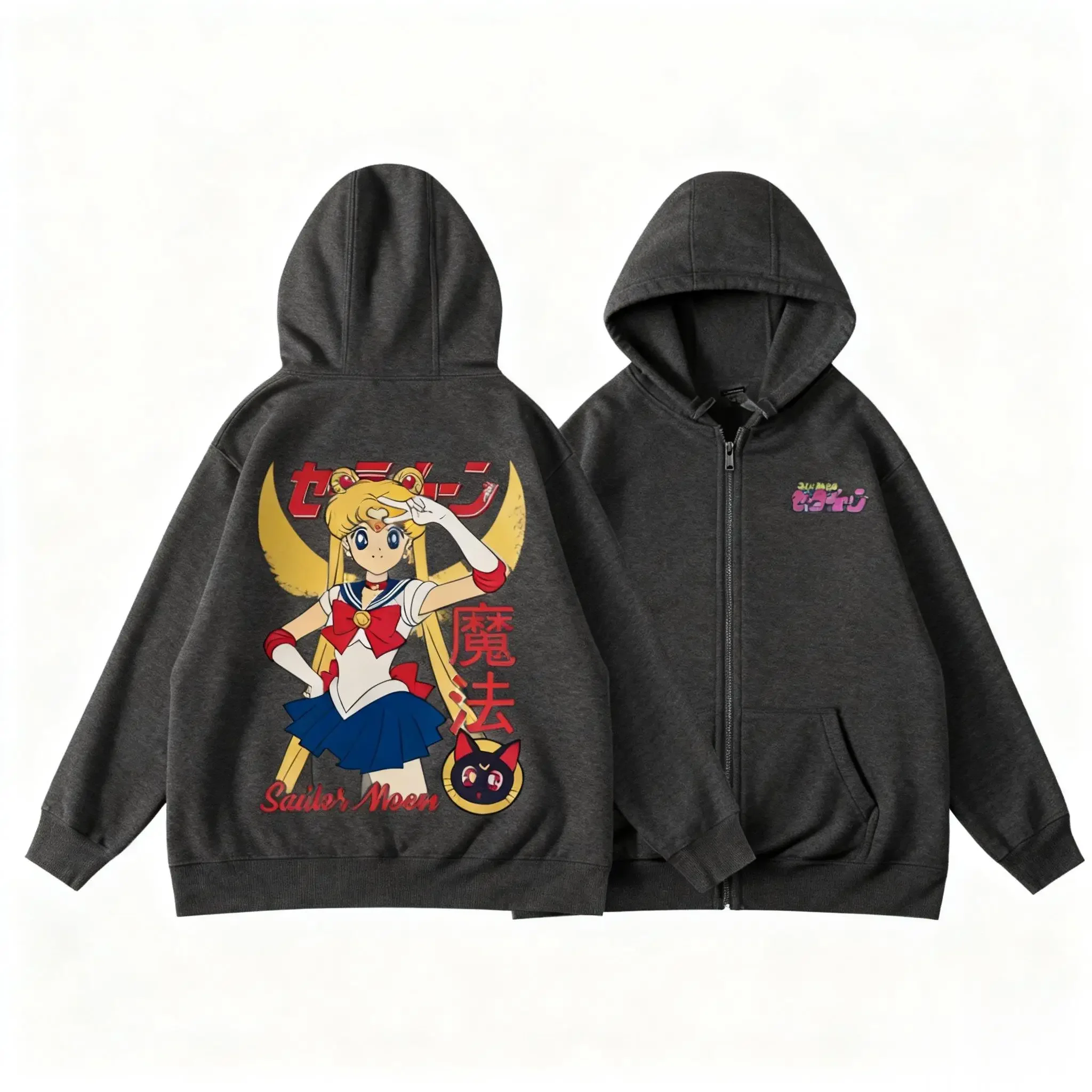 

Уличная одежда большого размера с капюшоном в стиле аниме «Сейлор Мун», мужская и женская куртка на молнии с графическим принтом, толстовка, повседневные модные топы унисекс