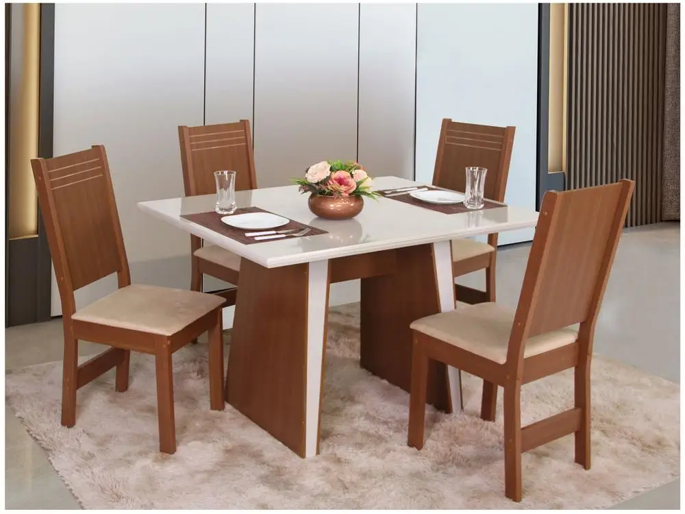 Mesa de Jantar  4 Cadeiras Retangular Naturalle e Off-White Tampo de MDF Verona Móveis São Carlos