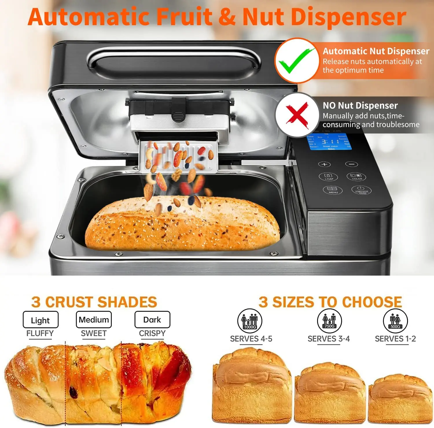 17-in-1 Bread Maker-Dual Heaters, 710W Machine Stainless Steel with Gluten-Free, Dough Maker,Jam,Yogurt PROG, Auto Nut Dispenser