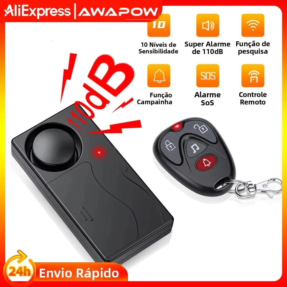 Awapow Alarme Antifurto para Portas e Janelas, Sensor de Vibração Sem Fio para Bicicletas, Carros e Motos, Controle Remoto 110dB