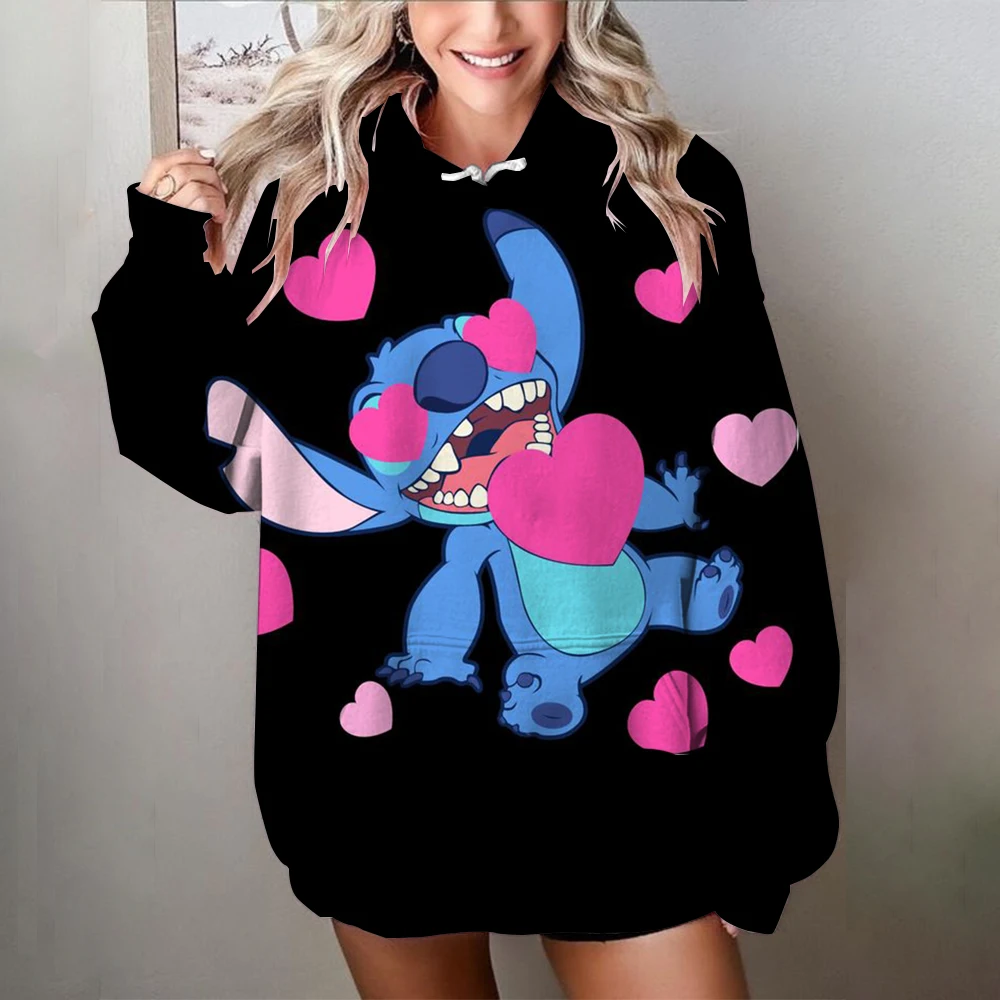 New Women's Hooded Sweatshirt Loose Disney Stitch cartoon print Jacket Top Popular Internet Celebrity Clothing Autumn/winter