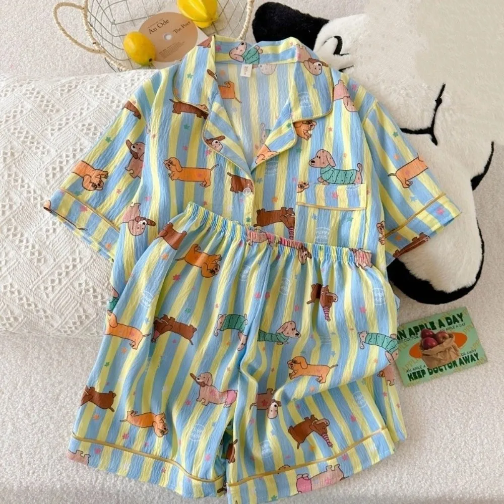 Kawaii Short Sleeve Cartoon Pajamas Set Kitten Dog Cat Puppy Cat Nightwear Casual Shorts Animal Two Piece Nightwears Girl Gifts