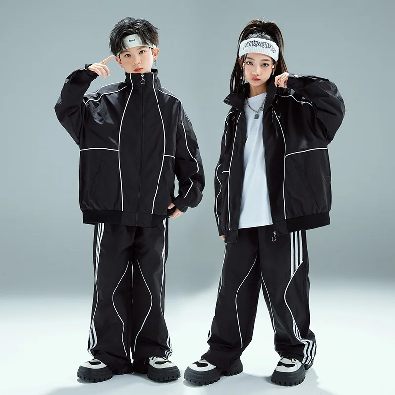 

Boys Hip Hop Black Baseball Coat Street Dance Baggy Pants Girls Loose Jacket Group Jazz Sport Clothes Sets Fashion Streetwear