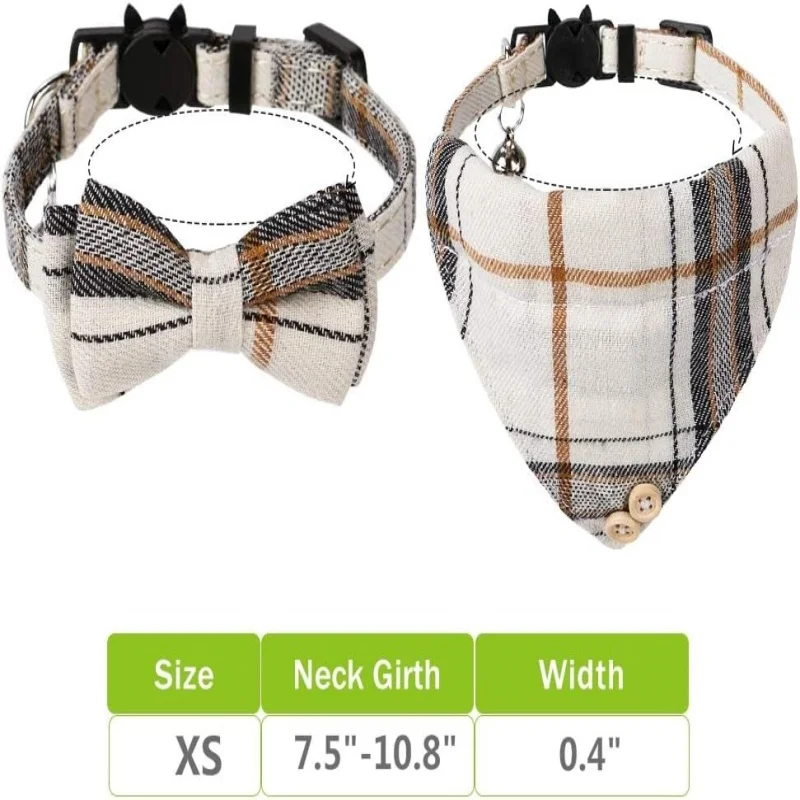Kariertes Katzen-Halsband mit Fliege, Abnehmbares Katzen-Bandana-Halsband, 2er-Pack | Abnehmbares Bandana mit Schleife, niedlicher Charme, weicher Stoff – Detail 6
