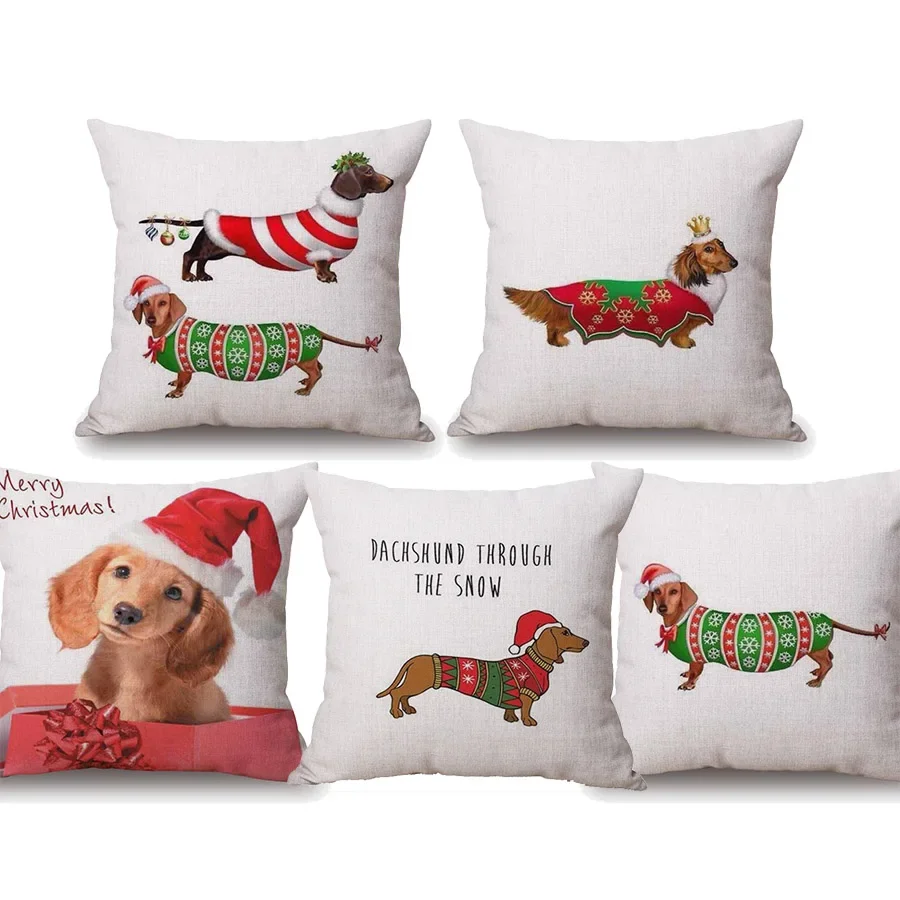 Dachshund Cushion Covers Merry Christmas Festival Sausage Dog Snow Pillowcase Decorative Pillows For Sofa