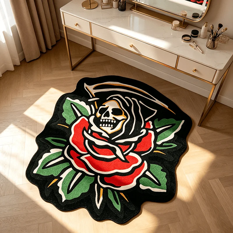 VIKAMA Irregular Skull Rose Floor Rug,Anti‑Slip Mat,Gothic Death Reaper Red Rose Tattoo Art Print Carpet for Indoor Home Decor