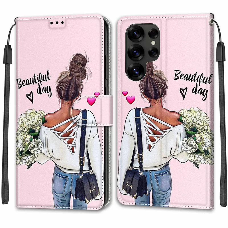 Flower Pattern Flip Case For Samsung Galaxy S25 Ultra S24 FE S23 Plus S25Plus 5G Wallet Leather Phone Cases Stand Book Cover Bag