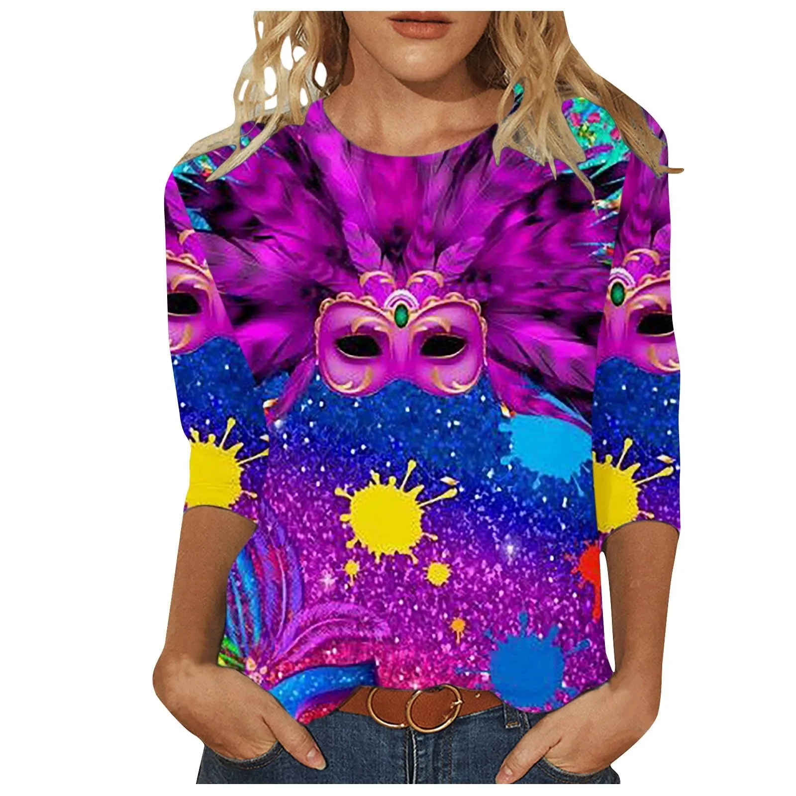 New Carnival Mask Carnival Theme Print Trendy Print T Shirts Women Round Neck 3/4 Sleeve Tshirts Crewneck Blouse Tops Party Tee