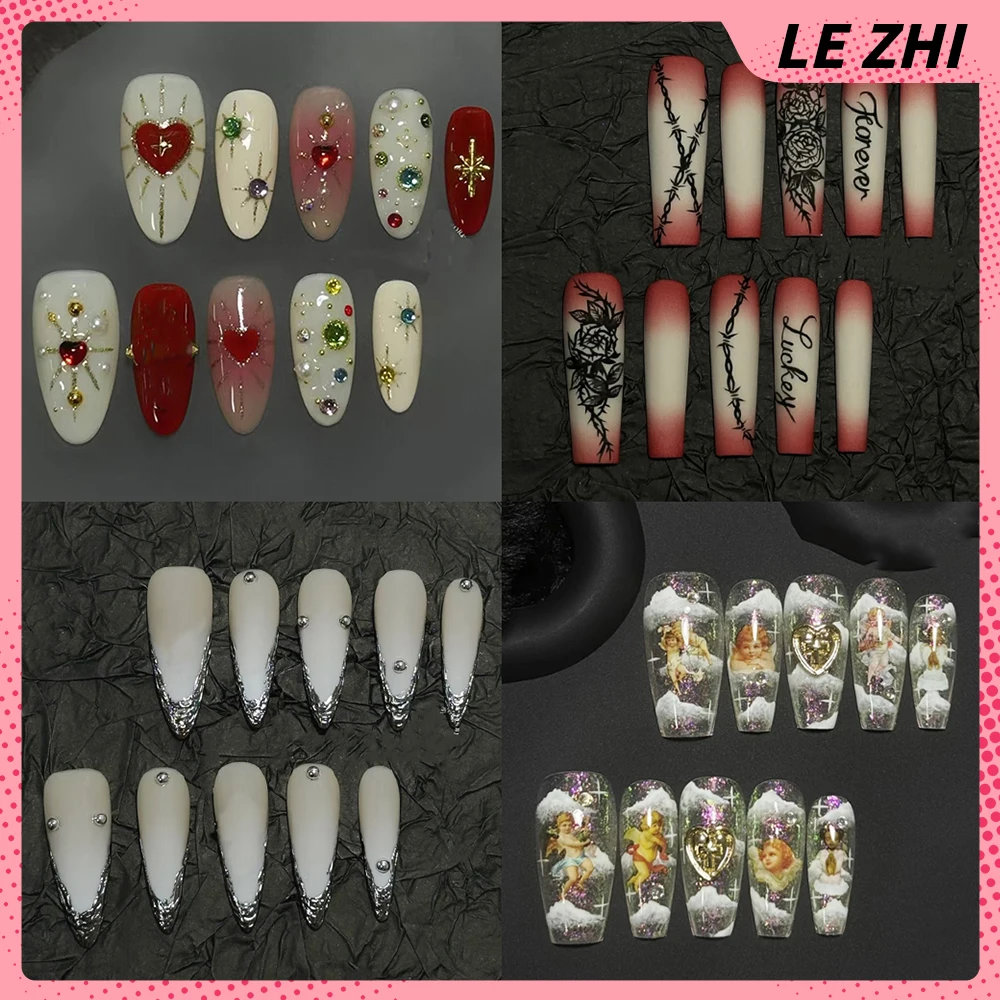 

10Pcs Spice Girl Gothic Handmade Almond Square Reusable Press On Nails Metal Chain Dragon Sun Cat Eyes Diamond False Nails