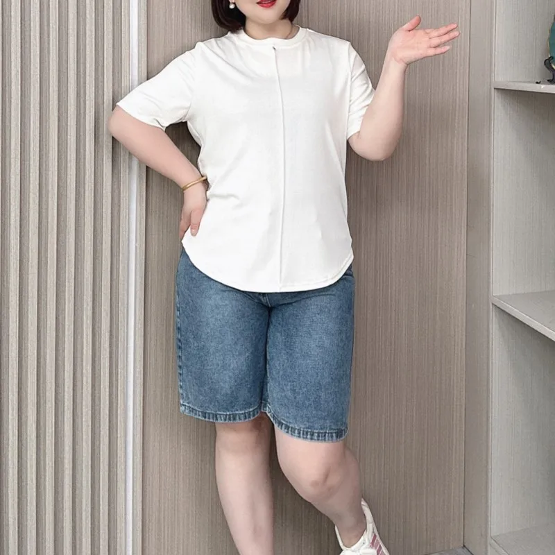 White short-sleeved T-shirt Women 2024 Summer New Plus Size Loose Thin Casual Round Neck Shell Button Basic Tops