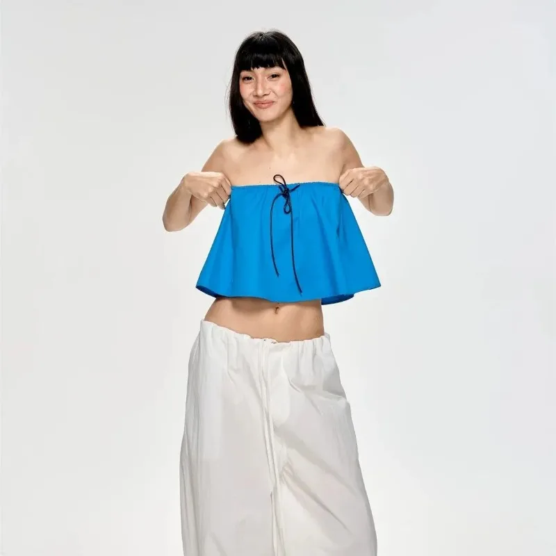 American Retro Women Drawstring Front Strapless Tube Top Bright Blue Cropped Bandeau Vacation Summer Top S 3XL