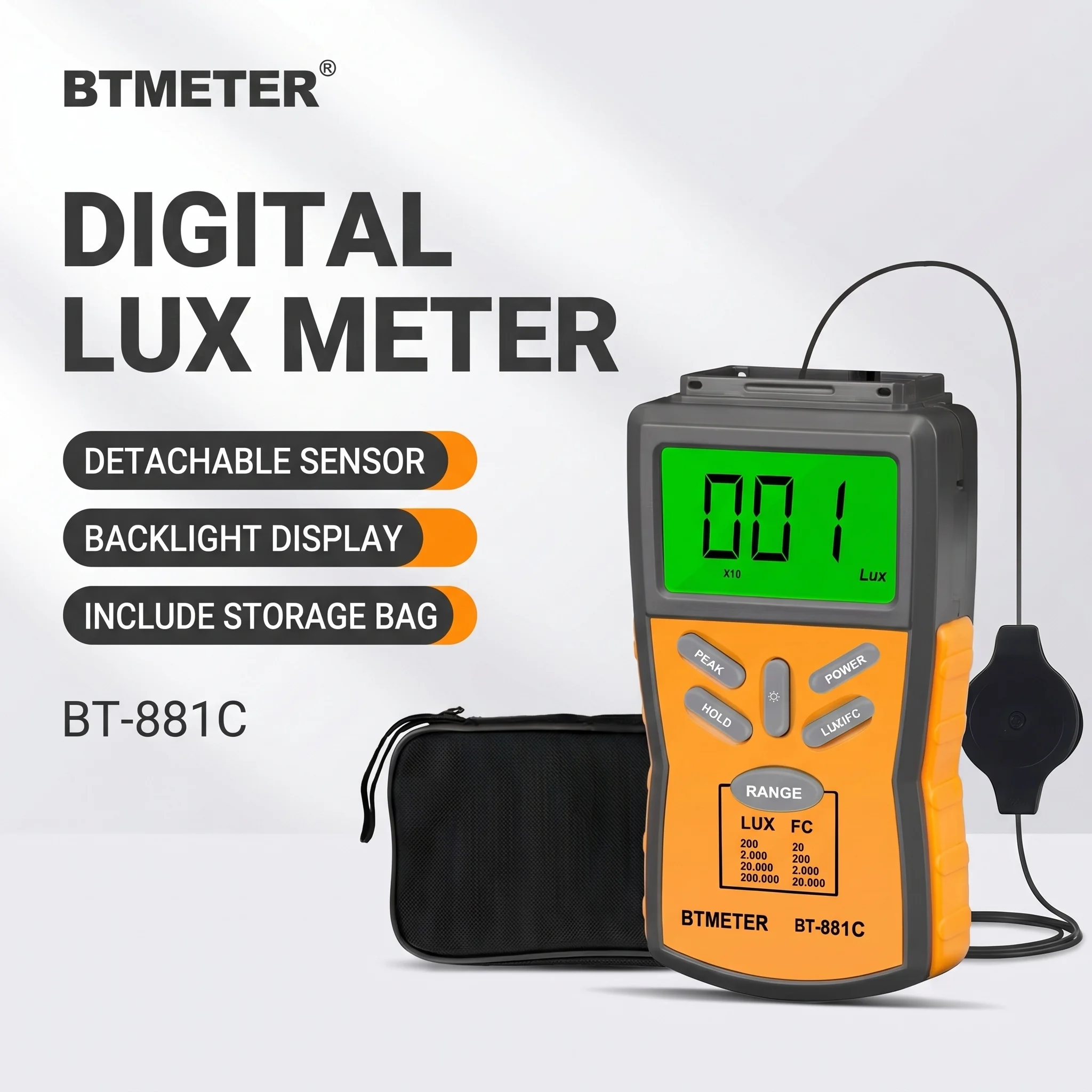 

881C Handheld Digital Illuminance Meter 0.1-200000Lux High Accuracy Portable Backlight LCD Data Hold for Photography Factory