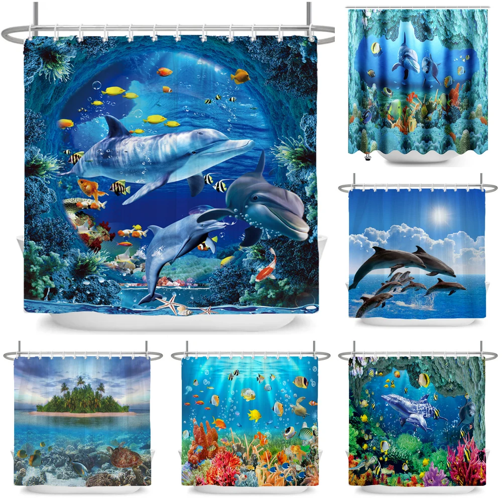 

Underwater World Printed Shower Curtain Sea Turtle Dolphin Ocean Creature Landscape Bath Curtains Bathroom Waterproof Curtain