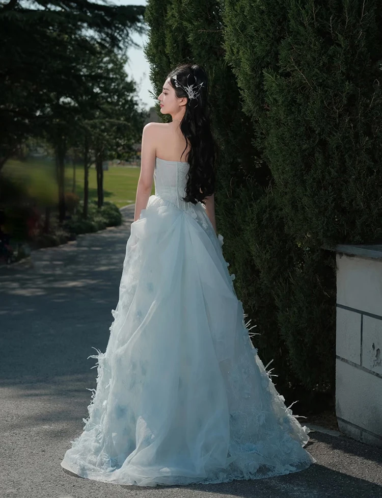 Vestido de noche azul claro, vestidos largos florales para graduación, sin tirantes, con cordones en la espalda, vestidos de fiesta L & P DQL Studio Fotos reales