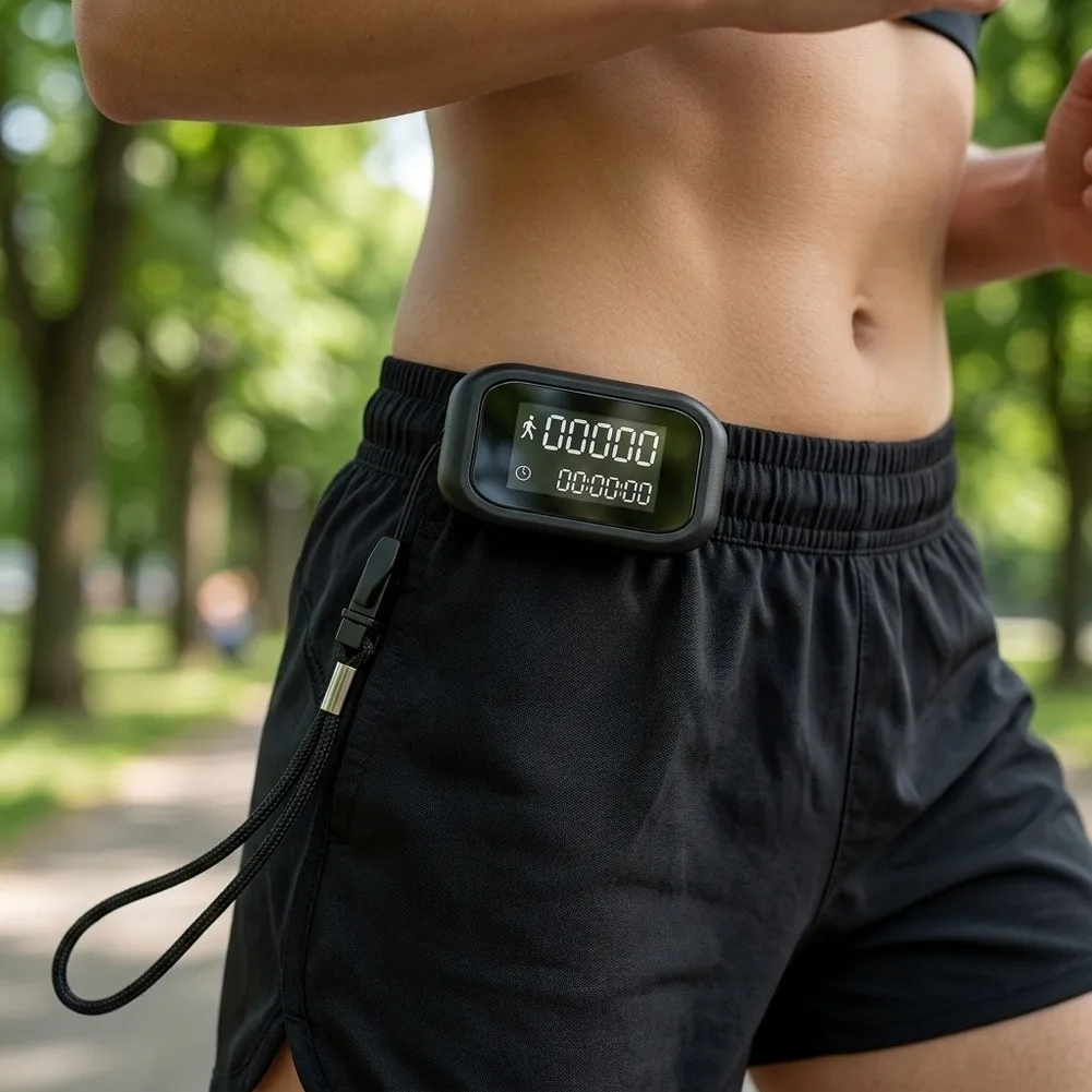 3D Step Counter for Walking Running Daily Activity Tracking Accurate Triaxial Sensor with Lanyard LCD Display Black ABS