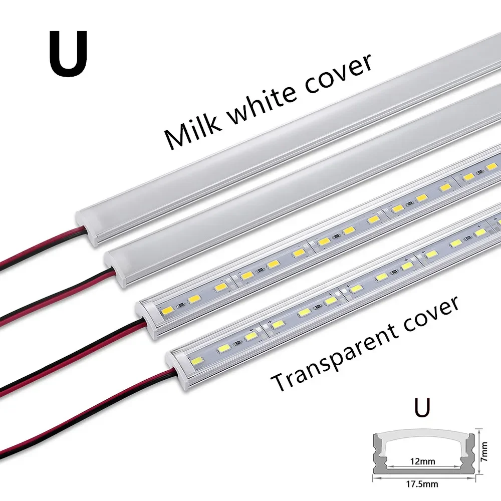 屋内照明用の平らなアルミニウムチャネルを備えた剛性ストリップ,UV字型,smd5730,36LED,50cm, 20インチ,12V DC,1〜20個