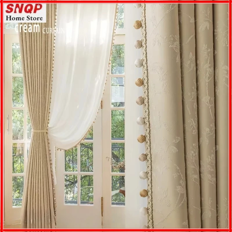 French Cream Precision Relief Lace Luxury Curtains for Living Room Bedroom Dining Blackout Blackout Custom Size White Tulle