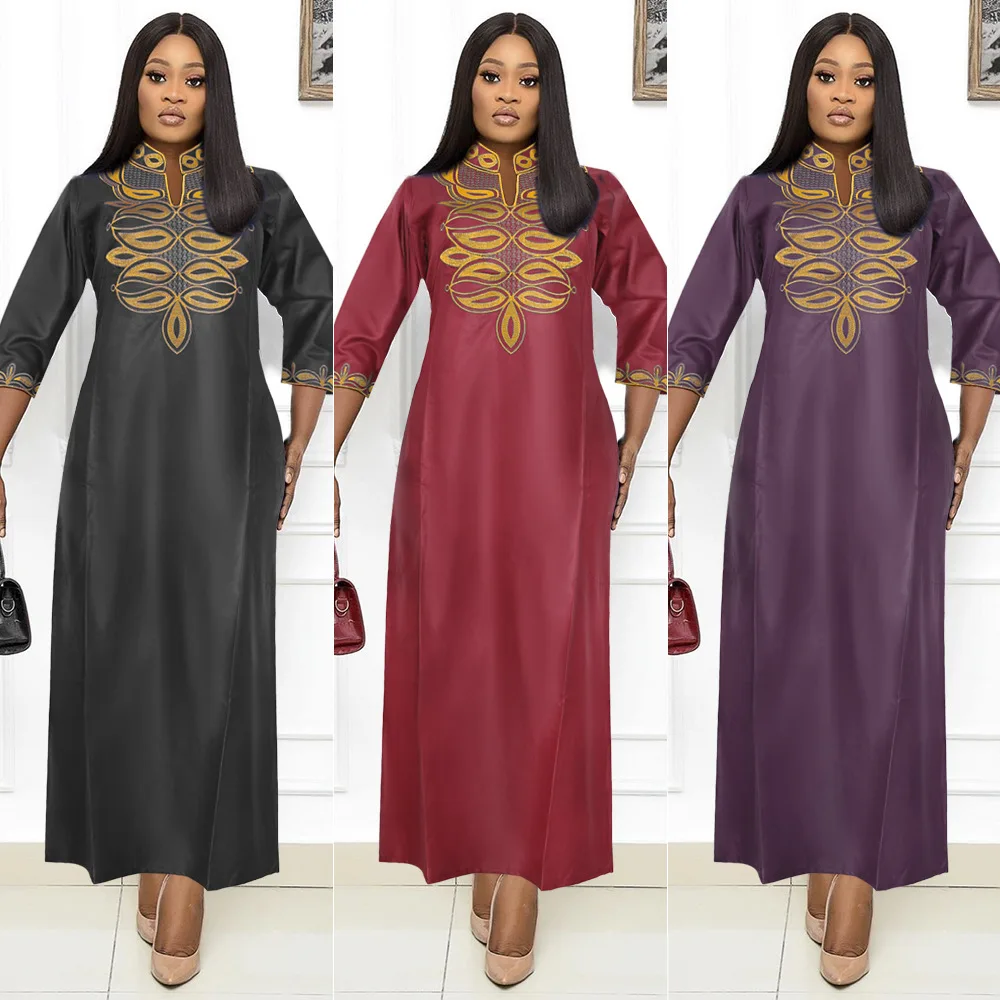 

Moslem dress stand collar embroidered skirt with solid color embroidery three-quarter sleeve African dress