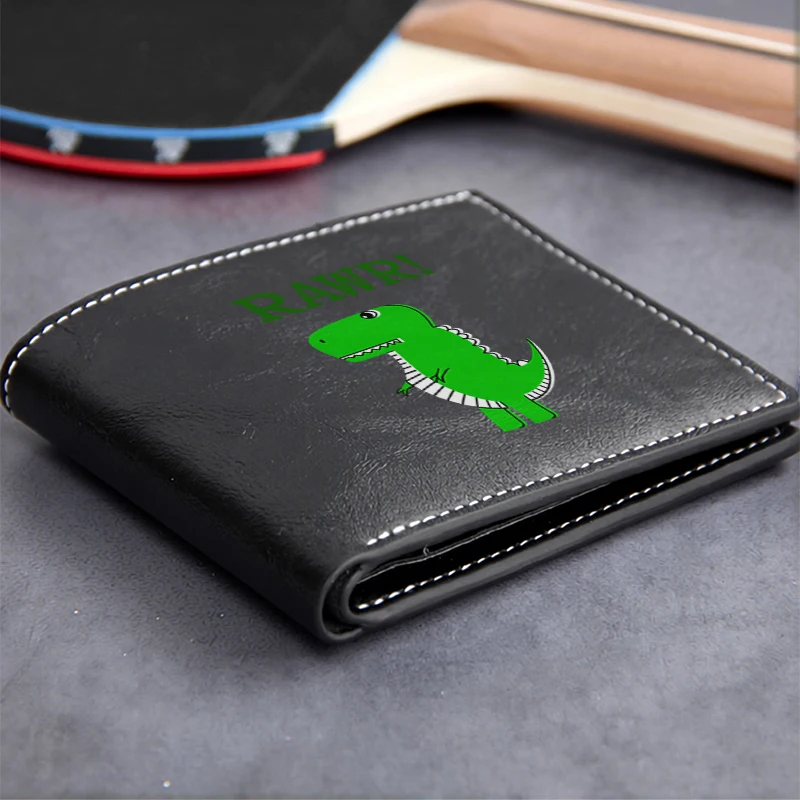 RAWR DINO DESIGN MEN'S PU LEATHER WALLET LIGHTWEIGHT DURABLE BUSINESS STYLE COMPACT BIFOLD WITH GREEN DINOSAUR MOTIF