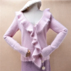 Ladies Women Autumn Winter Sweet Pink Hairy Angora Rabbit Hair Knitted Flouncing Sexy Slim Cardigans Sweater Jacket Pull Tops