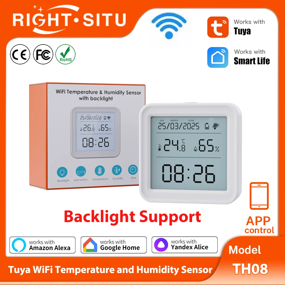 Tuya WiFi مستشعر درجة الحرارة مستشعر الرطوبة الخلفية مقياس الرطوبة ميزان الحرارة RightSitu TH08 العمل مع Yandex Alexa #1