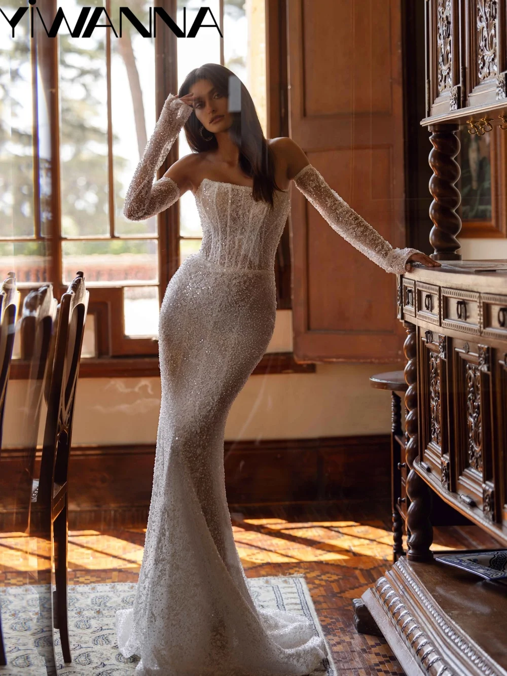 Exquisito vestido de novia de encaje con cuentas brillantes, vestido de novia largo de sirena con manga desmontable, vestidos sin tirantes personalizados para novia